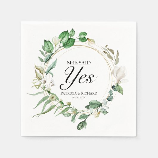 Sie sagte Yes Greenery Geometric Verlobung Serviette (Vorderseite)