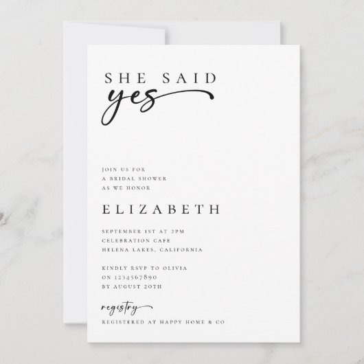 Sie sagte Yes Script Foto Brautparty Einladung (Vorderseite)