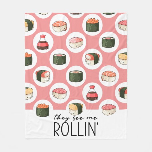 Sie sehen Me Rollin' Kawaii Fun Sushi Rolls & Dots Fleecedecke (Vorderseite)