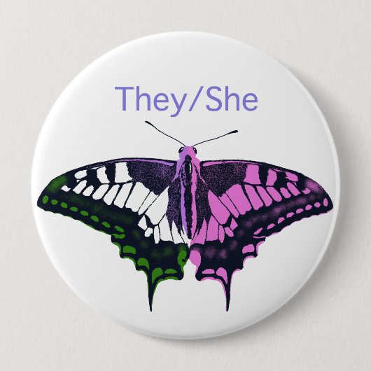 Sie/sie Frack-Schmetterling ohne Binärflagge Button (Vorderseite)