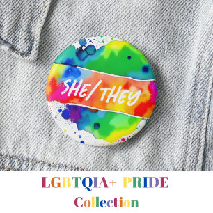 Sie/sie Pronouns Prix Watercolor Rainbow Button
