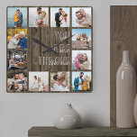 Sie sind das One Quote 12 Foto Brown Wood Quadratische Wanduhr<br><div class="desc">Foto Uhr mit romantischem Zitat und 12 Ihrer Lieblingsfotos. Die Fotovorlage ist Set für Sie, um Ihre eigene Grid-Stil Foto-Collage zu erstellen, um das Zitat "Sie sind das eine" zu rahmen. Das Design wird in modernem überdimensionalem Druck und lässiger Schriftzeichen mit braunem Hüttenholzeffekt-Hintergrund geschrieben. Fügen Sie Ihre Fotos im Uhrzeigersinn...</div>