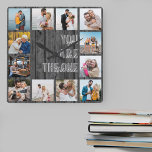 Sie sind das One Quote 12 Foto Gray Wood Quadratische Wanduhr<br><div class="desc">Foto Uhr mit romantischem Zitat und 12 Ihrer Lieblingsfotos. Die Fotovorlage ist Set für Sie, um Ihre eigene Grid-Stil Foto-Collage zu erstellen, um das Zitat "Sie sind das eine" zu rahmen. Das Design wird in modernem überdimensionalem Druck und lässiger Schriftzypografie mit grauem und schwarzem Holzeffekthintergrund geschrieben. Fügen Sie Ihre Fotos...</div>