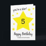Sie sind eine Star 5. Geburtstagskarte Karte<br><div class="desc">Diese 5. Geburtstagskarte kann leicht mit jedem Alter und dem Namen des Geburtstagsempfängers personalisiert werden. Die Insider-Kartenmeldung kann auch bearbeitet werden,  wenn sie gewollt wird. Diese gelbe Sterne personalisierte 5. Geburtstagskarte für jedes Kind würde einen tollen Kartenhalter machen.</div>