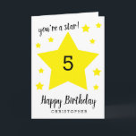 Sie sind eine Star 5. Geburtstagskarte Karte<br><div class="desc">Diese 5. Geburtstagskarte kann leicht mit jedem Alter und dem Namen des Geburtstagsempfängers personalisiert werden. Die Insider-Kartenmeldung kann auch bearbeitet werden,  wenn sie gewollt wird. Diese gelbe Sterne personalisierte 5. Geburtstagskarte für jedes Kind würde einen tollen Kartenhalter machen.</div>