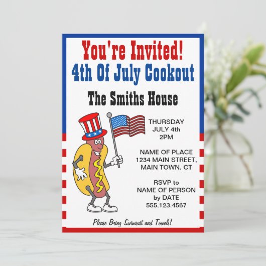 Sie sind eingeladen 4. Juli Kochherd Hot Dog Funny Einladung (Stehend Vorderseite)
