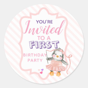 Sie sind eingeladen Ballerina Penguin Pink Birthda Runder Aufkleber