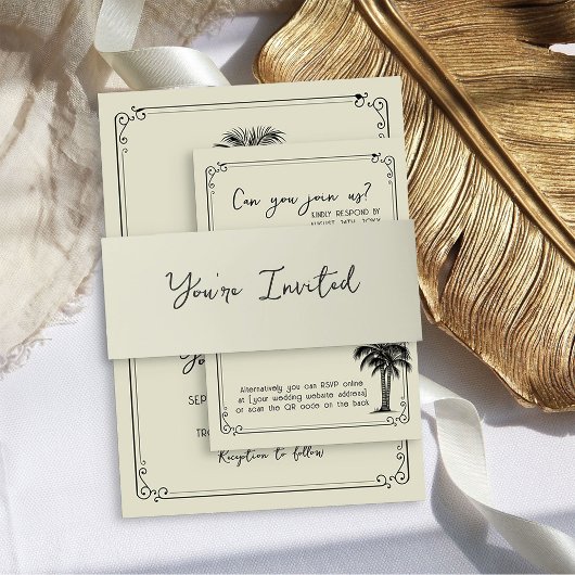 Sie sind eingeladen, die Vintage Palmenhochzeit zu Einladungsbanderole