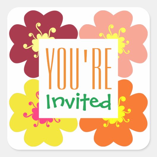 Sie sind eingeladen, florales Grafik-Party Quadratischer Aufkleber (Vorderseite)