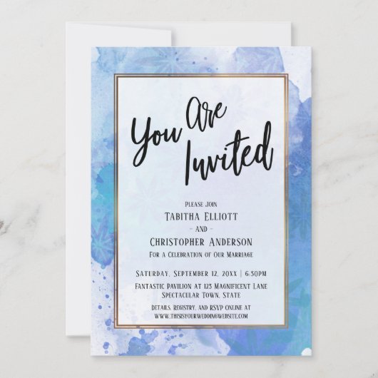 Sie sind eingeladen Gold Border Abstrakt Blue Spla Einladung (Vorderseite)