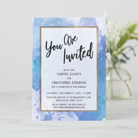 Sie sind eingeladen Gold Border Abstrakt Blue Spla Einladung (Stehend Vorderseite)