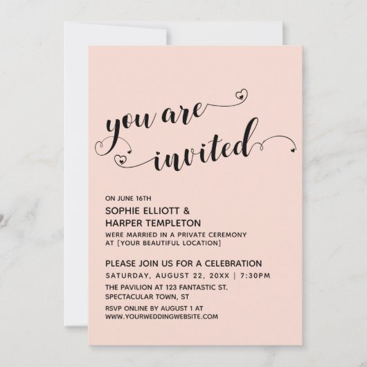 Sie sind eingeladen Hearts Script Blush Empfang-on Einladung (Vorderseite)