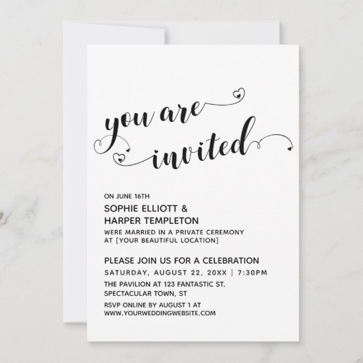 Sie sind eingeladen, Hearts Script Reception-Only Einladung (Vorderseite)