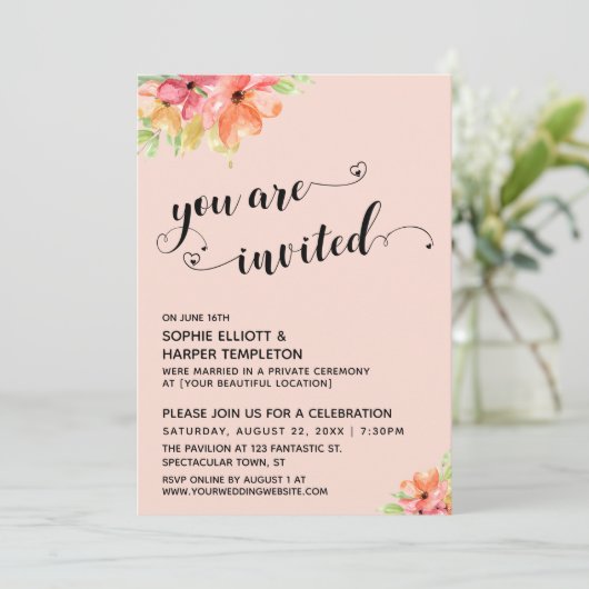 Sie sind eingeladen Herz-Script Blush Florals Einladung (Stehend Vorderseite)