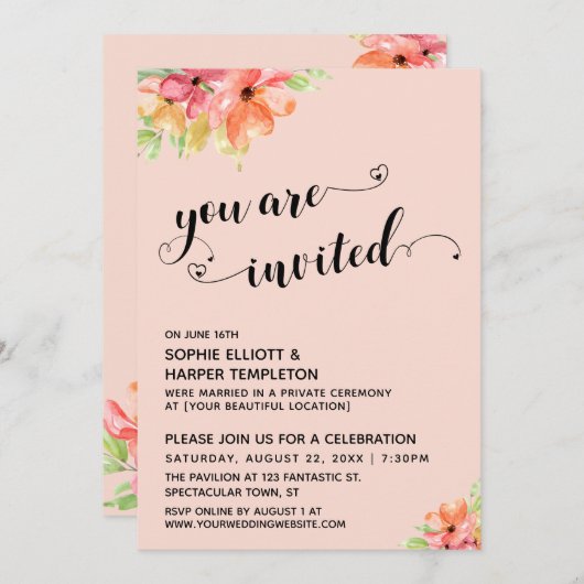 Sie sind eingeladen Herz-Script Blush Florals Einladung (Vorne/Hinten)