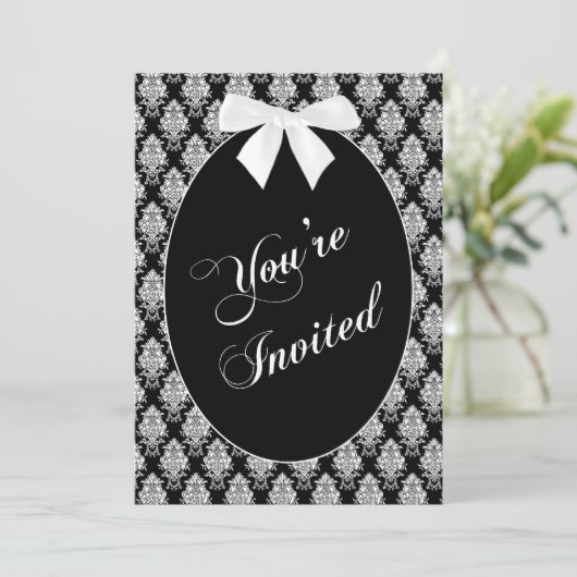 Sie sind eingeladen, Schwarz/Weiß-Damast-Muster, O Einladung (Stehend Vorderseite)