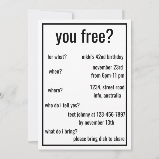 Sie sind gratis? Funny Simple Birthday Minimalisti Einladung (Vorderseite)