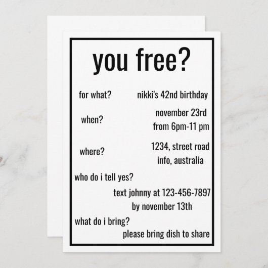 Sie sind gratis? Funny Simple Birthday Minimalisti Einladung (Vorne/Hinten)