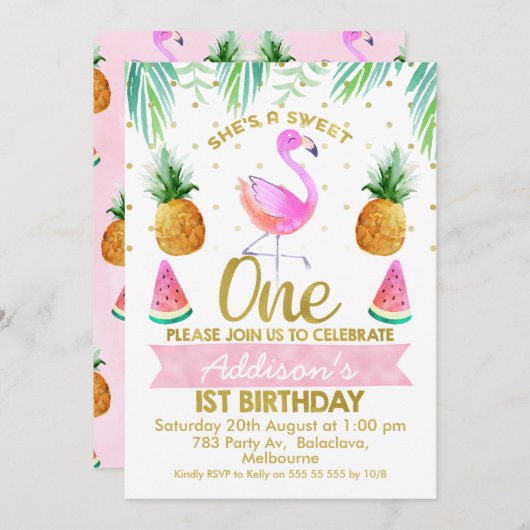 Sie so süß tropischen Flamingo ersten Geburtstag Einladung (Vorne/Hinten)