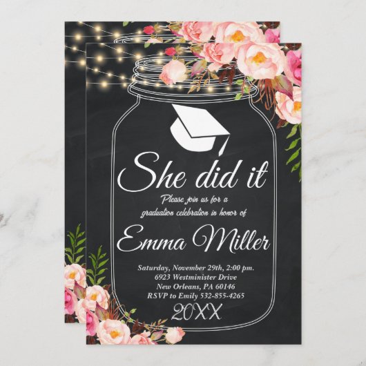 Sie tat es, Chalkboard Graduierungsparty Einladung (Vorne/Hinten)