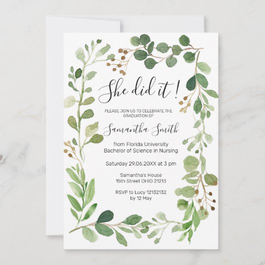 Sie tat es Greenery Abschluss Einladung (Vorderseite)