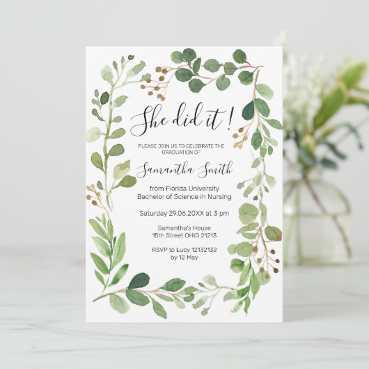 Sie tat es Greenery Abschluss Einladung (Stehend Vorderseite)
