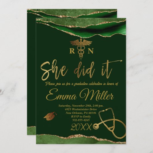 Sie tat es - grüner und goldener Abschluss in der Einladung (Vorne/Hinten)