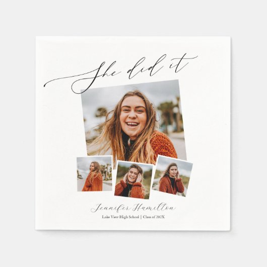 Sie tat es Minimalistisch Foto Grad Party Serviette (Vorderseite)