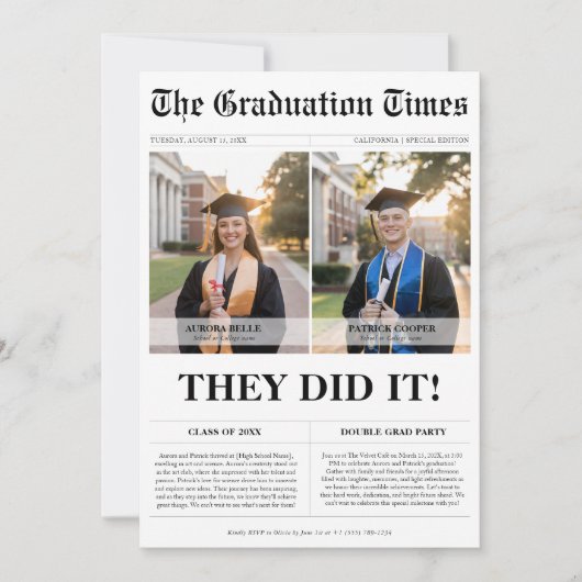 Sie taten es Twins Grad Party Newspaper Foto Einladung (Vorderseite)