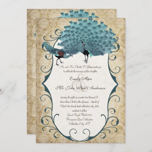 Sie wählen Hintergrundfarbe - Damask Peacock Einladung (Vorne/Hinten)
