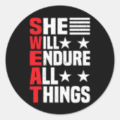 Sie wird alles aushalten 1 runder aufkleber (Vorderseite)