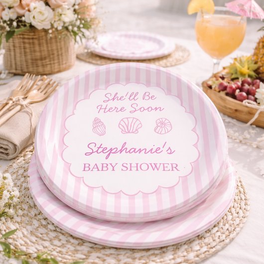 Sie wird bald hier sein Rosa Meeresmuscheln Baby S Pappteller