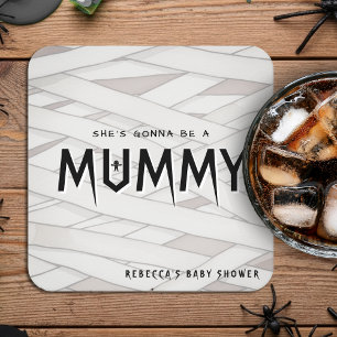 Sie wird eine Mama-Halloween-Kinderdusche. Rechteckiger Pappuntersetzer