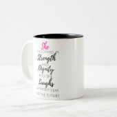 Sie wird - Sprichwort-31:25 gekleidet Zweifarbige Tasse (Vorderseite Links)