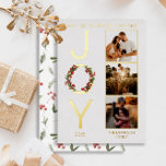 Sie wünschen Frieden Liebe und Freude 3 Foto Weihn Folien Feiertagskarte<br><div class="desc">Wünschen Sie Frieden, Liebe und "Joy" Weihnachts-Design mit einem Kranz überlagert auf dem "O" in "Joy" auf der links mit drei Fotos Ihrer Wahl auf der rechten Seite. Fügen Sie einfach das Jahr und Ihren Familiennamen hinzu, um das Design zu vervollständigen. Im hinteren Teil des Gebäudes findet man eine Wiederholung...</div>