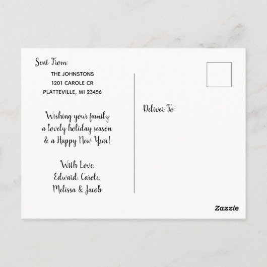 Sie wünschen Ruhe, Liebe und Freude Foto Weihnacht Postkarte (Rückseite)