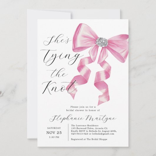 Sie zähmt das Brautparty des Knot-Pink-Bow-Labels Einladung (Vorderseite)