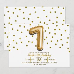 SIEBEN 7 Goldene Ballonkonfetti 7. Geburtstagsfeie Einladung