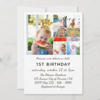 Sieben Fotos Collage Princess 1. Geburtstag Einladung