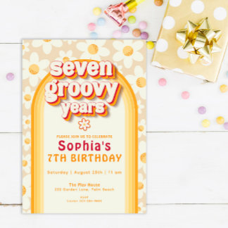 Sieben Groovy Years 7. Geburtstag Einladung | Retr