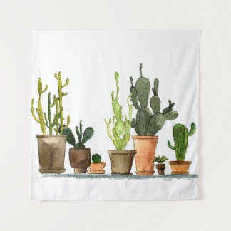 Sieben handgezogene Aquarellkaktus in braun Wandteppich