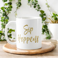 Sieben Happens Funny Gold Typografie Geschenk Kaff