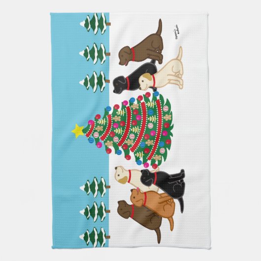 Sieben Labradoren und Weihnachtsbaum Geschirrtuch (Vertikal)
