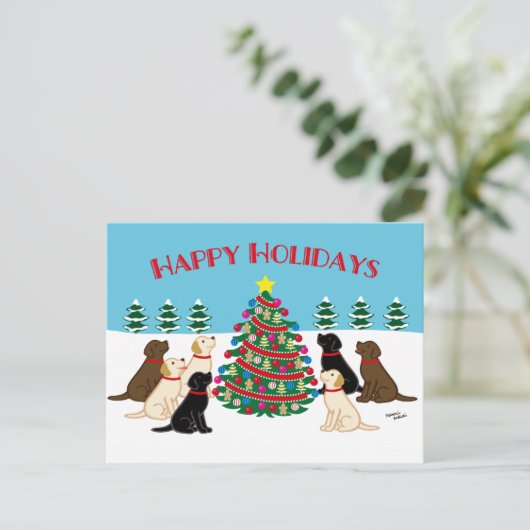 Sieben Labradoren und Weihnachtsbaum Postkarte (Stehend Vorderseite)