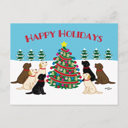 Sieben Labradoren und Weihnachtsbaum Postkarte (Vorderseite)