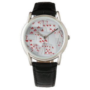 Sieben, Pokerkarten, Mens Black Leather Watch. Armbanduhr
