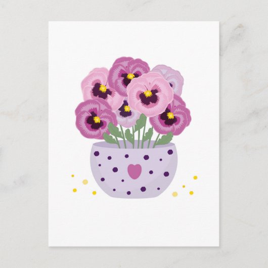Sieben rosa Stiefmütterchen in einer Vase Postkarte (Vorderseite)