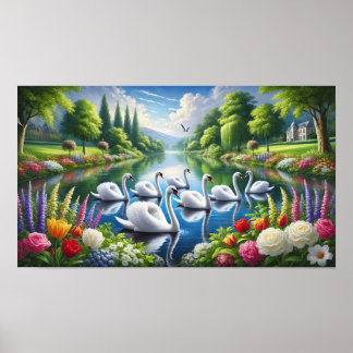 Sieben Schwäne schwimmen Poster