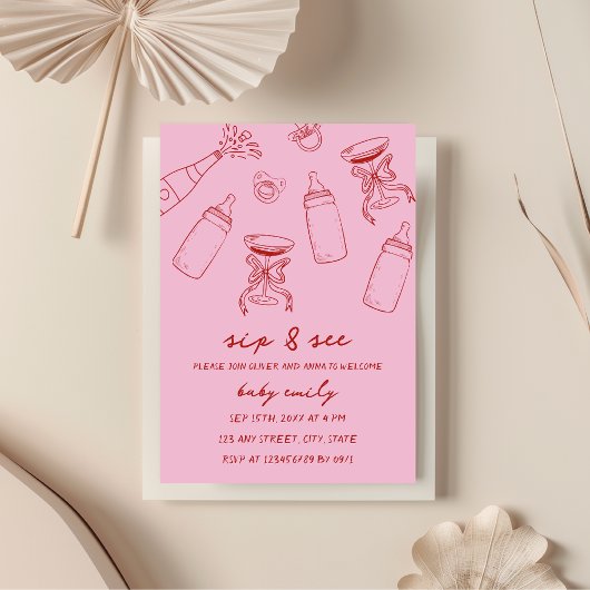 Sieben & Siehe Hand Illustriert rosa Rot Einladung