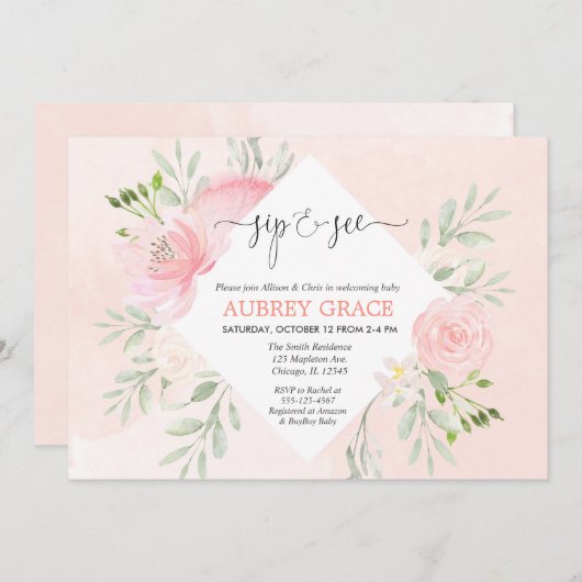 Sieben und Sehen Mädchen Dusche Blütenrot Rosa Einladung (Vorne/Hinten)